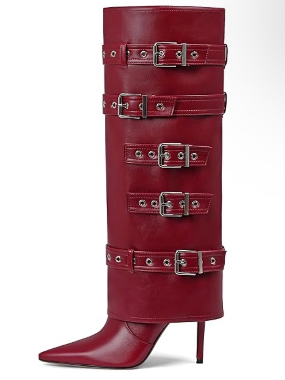 Women's Red Buckle Knee-High Stiletto Boots